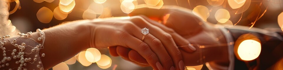 Proposing hand with engagement ring. a young couple. marry me. bokeh close-up. shallow depth of field. bright lighting.
