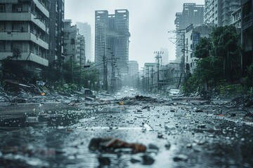 A city destroyed by a natural disaster. Pathogenesis destruction and severe flooding, water spill concept - obrazy, fototapety, plakaty