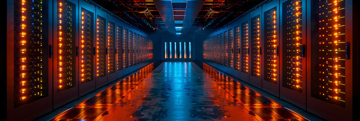 Modern Server Hardware and LED Light,
A purple hallway has large computer servers inside - obrazy, fototapety, plakaty