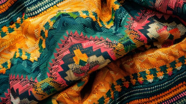 Patterned fabric from South America, characterized by vibrant colors and intricate designs, skillfully folded to highlight its traditional beauty.