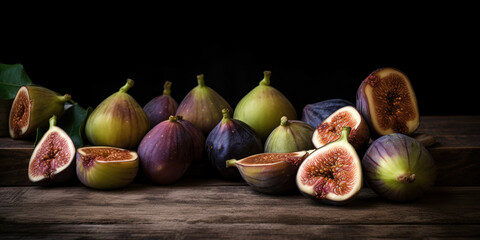 Bunch of fig fruits lie on the wooden table - 761310517