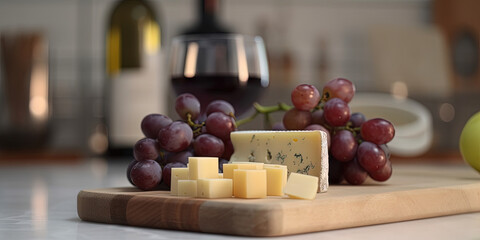 Cheese cubes, grapes and a glass of wine on a cutting board in the kitchen - 761310525