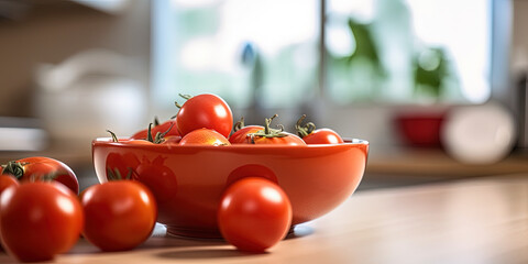 Tomatoes in a bowl on the kitchen table on a blurred background - 761310552