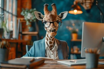 Giraffe in work clothes at table in office - obrazy, fototapety, plakaty