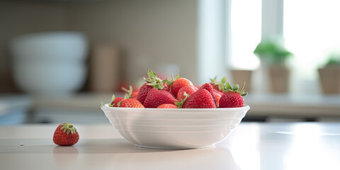 Strawberries in a bowl on the kitchen table with blurred background - 761310560