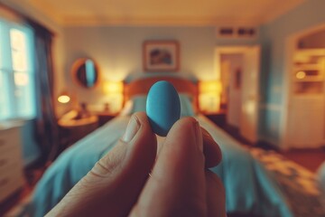 Blue Viagra tablets in man hand. Medical concept for men health, erection medications, erectile dysfunction treatment concept