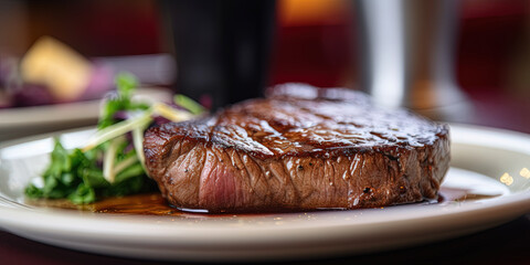 Close-up of a grilled steak on a plate in a restaurant - 761310591