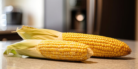 Сobs of corn on the kitchen table with blurred background - 761310592