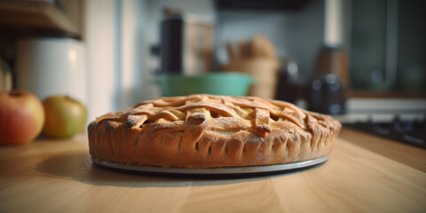 Apple pie on the table in the kitchen, blurred background - 761310596