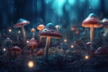 Neon illustration of magic mushrooms under the rain glowing at night in an enchanting forest