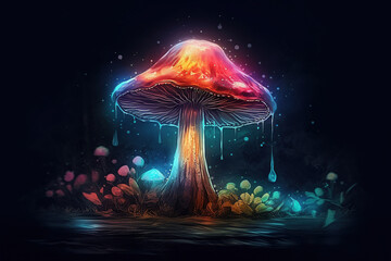 Neon illustration of big magic mushroom with water dripping down glowing at night in mystical forest - 761310719