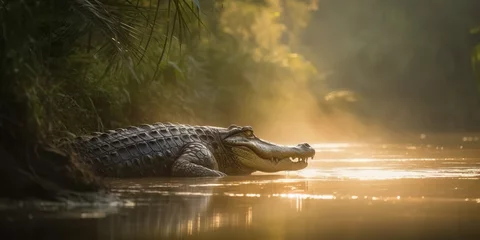 Poster Big African Crocodile In River In The Evening At Sunset © Ievgen Skrypko