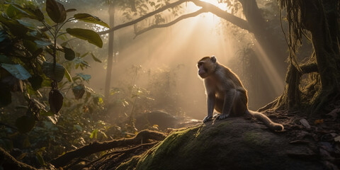 Macaque Monkey In The Jungle In The Evening At Sunset - 761310725