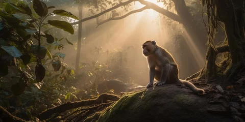 Fotobehang Macaque Monkey In The Jungle In The Evening At Sunset © Ievgen Skrypko