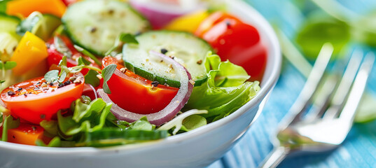 bright vegetable salad bowl with a fork, ideally reflecting the concept of healthy eating