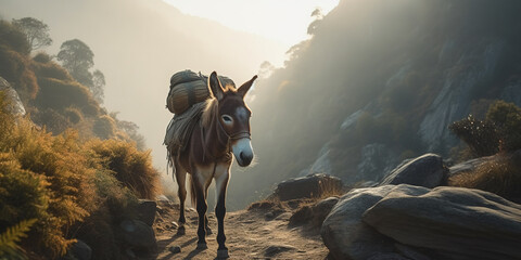 Loaded Domestic Donkey With Bags On A Mountain Path - obrazy, fototapety, plakaty