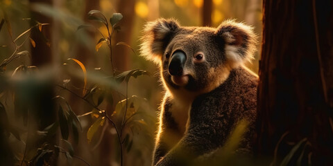 Cute Koala In The Jungle Forest In The Evening At Sunset - 761310758