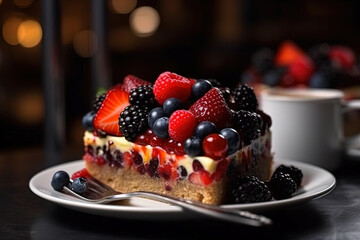 Close-up view of a slice of cake with assorted berries on a plate, ready to eat, on the table with a blurred background - 761310765