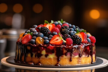 Close-up of fruit cake with assorted berries and chocolate on a plate on a blurred background - 761310768