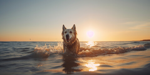 Dog swimming near shore paints beautiful picture during sunset, making beach and ocean more mesmerising. - Powered by Adobe