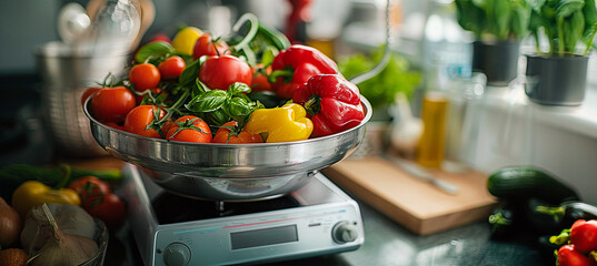 kitchen scale being used to weigh vegetables