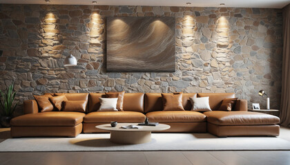 Fototapeta na wymiar home interior design house beautiful background brown sofa upholstery with stone backdrop wall mock up room interior concept