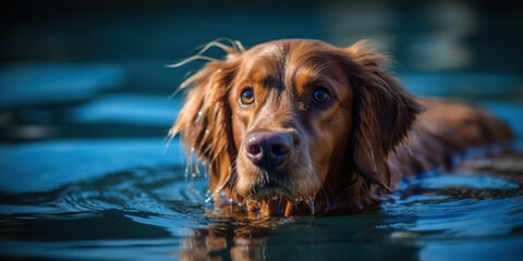 Dog enjoys swimming in pool filled with water. - 761310788