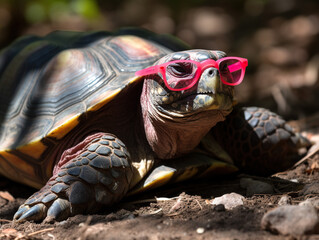 Funny Big Turtle In Cool Pink Glasses In Close-Up - 761310905