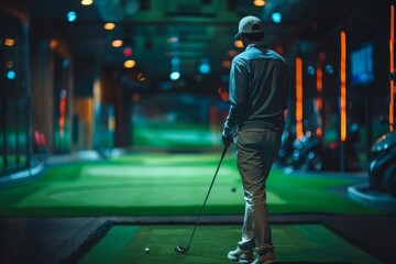 Professional male golfer holding club playing golf indoors on golf simulator concept