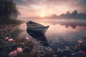 Stunning Morning View With A Fishing Boat Gently Resting On A Peaceful Pond'S Surface - 761310919