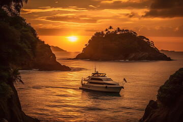 Sunset View Of A Tropical Bay With A Yacht Near An Island - 761310921