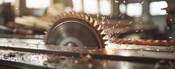 Circular saw blade with emphasis on teeth, in motion - obrazy, fototapety, plakaty