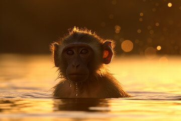 Sweet Monkey Portrait Bathing In Lake At Sunset - 761310938