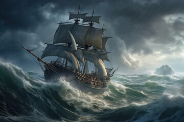 Large Ancient Sailing Boat Rocking On Huge Waves In A Storm - 761310941