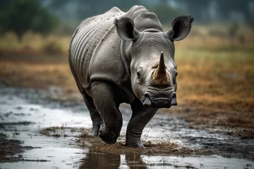 Zelfklevend Fotobehang Large White Rhino Walks In Mud In Its Natural Habitat © Ievgen Skrypko