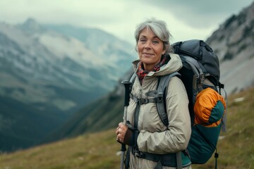 Elderly woman with a backpack and a cane walking along a grassy slope to the top of a mountain during a nature trip concept - Powered by Adobe