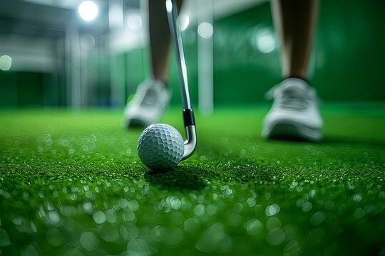 Man is playing golf on golf simulator and getting ready to hit
