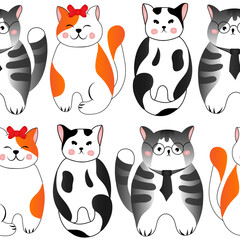 Seamless pattern with cute red and grey cats on white background. Vector illustration for children.
