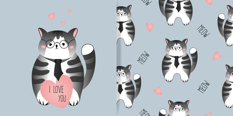 Set of card and seamless pattern with grey striped cat on grey-green background. Vector illustration for children, fabric, Valentine's Day