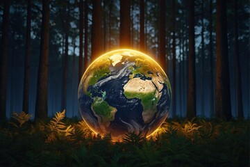 Obraz na płótnie Canvas World globe on fire in forest ground dark theme image global warming concept 