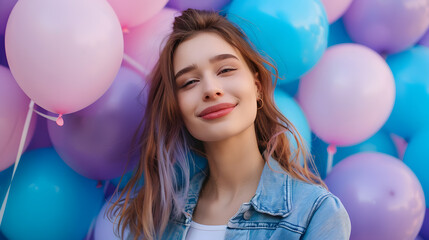 Fototapeta na wymiar Portrait of a beautiful cheerful young woman, surrounded colorful balloons