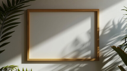 Sunlit Wooden Picture Frame on Wall with Plant Shadow