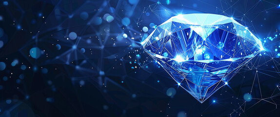 Abstract blue diamond on digital background with polygonal light lines