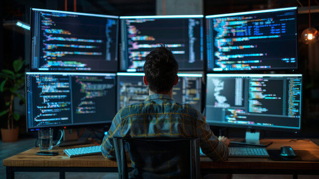 Professional Programmer Engaged in Software Development at Multiple Computer Screens