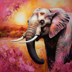 Delve into abstract artistry with textured shadows, pink splashes, and alcohol ink, capturing the majestic presence of elephants in vibrant relief. - obrazy, fototapety, plakaty