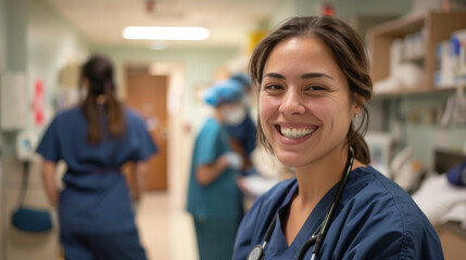 Cheerful Female Nurse Smiling in Hospital Corridor