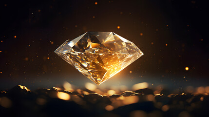 Closeup of sparkling gemstone diamond surrounded by orange sparks isolated on dark background