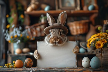 Easter rabbit holding blank board, and showing it to the camera, in his workshop. Easter eggs in the background	 - obrazy, fototapety, plakaty