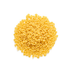 Italian pasta conchiglie on white table. Italian food background. Top view, directly above.