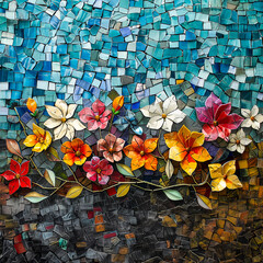 Fototapeta na wymiar Broken Glass Flowers. Generated Image. An abstract digital rendering of flowers created using broken glass showing the ground, flowers and the sky.